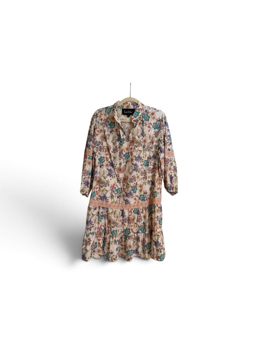 Nicole Miller Floral Tiered Mini Dress in Cream, Teal, Purple
